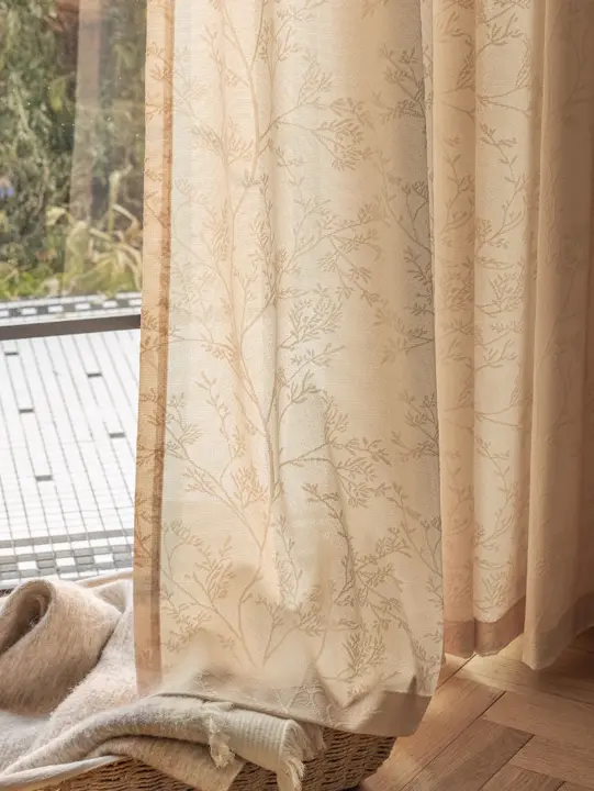 Vela De Espejo De Alta Calidad Cortina De Tela Gauze Beige Con Ramas Florales Para Sala De Estar Dormitorio Y Ventanas De Salón - 1