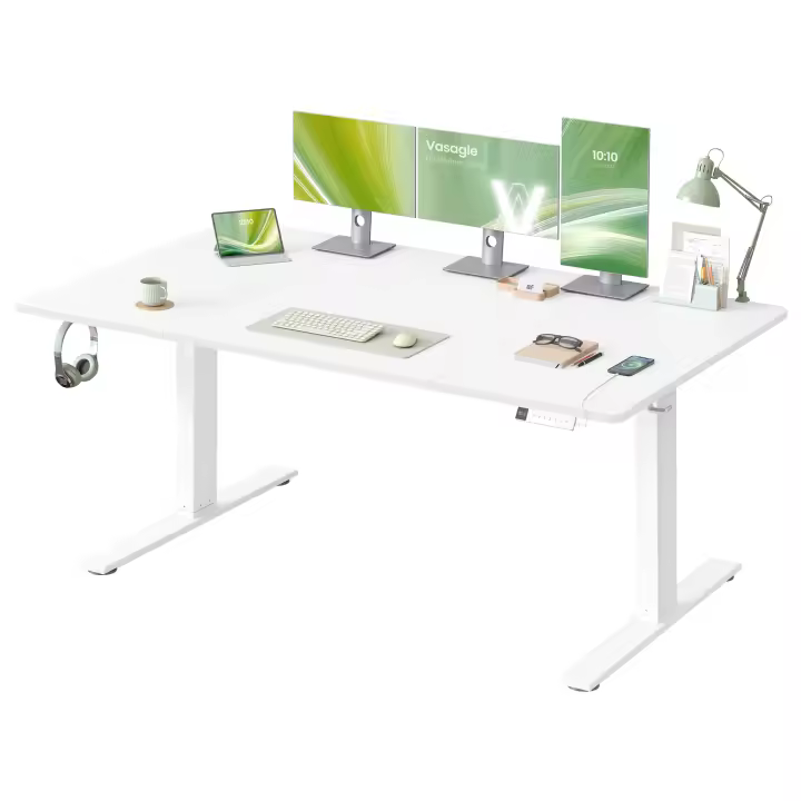 VASAGLE Escritorio Ajustable en Altura, 160 x 80 cm, Puerto USB-C, Estante para Regleta Eléctrica, Recordatorio de Sedentarismo, 3 Botones de Memoria, para Oficina, Marrón Rústico/Roble Dorad/Blanco Mateo - 1