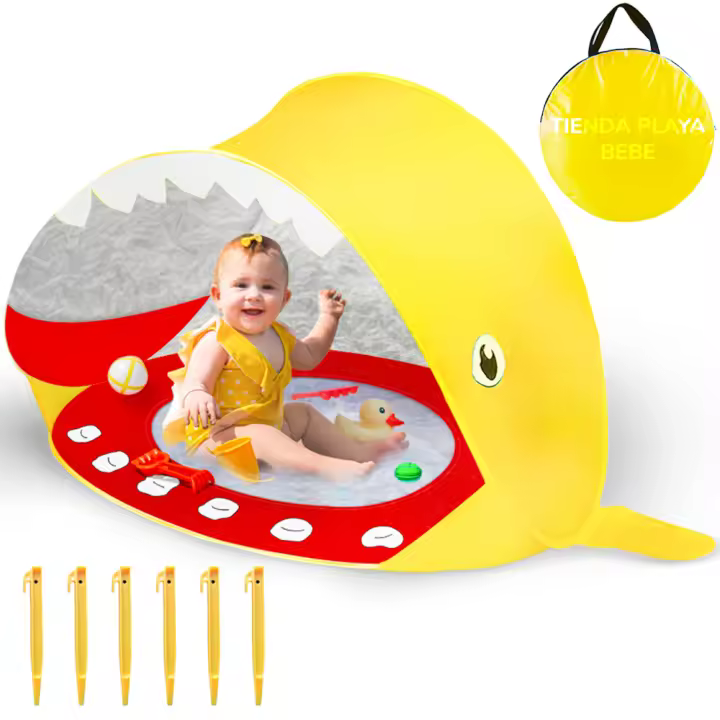 DeFieltro Tienda Playa Bebe UV 50 Protectora - Cortavientos Playa de Tiburón Divertido con Piscina - Carpa Playa Bebe Plegable y Visible - Iglu con Sombrilla y Paravientos - Fácil Instalación - 1