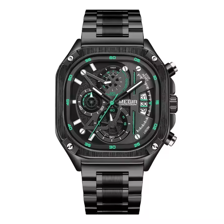 Reloj De Cuarzo Para Hombre MEGIR Negro Resistente Al Agua Con Cronógrafo Y Manos Luminosas Correa De Acero Inoxidable Dial Cuadrado - 1