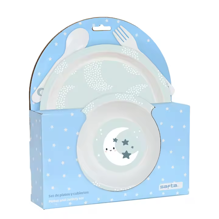 Set Platos y Cubiertos, Libre BPA, Reutilizables, Estampado Luna, Color Azul, 22,5 x 5,5 x 26 cm, Safta -  Kiglam - 1