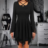 Vestido Mini De Encaje Asimétrico Para Mujer Estilo Gótico Otoño Tallas S-2XL Pullover A-Line Con Cuello Otro Tipo De Patrón Solido - details 1