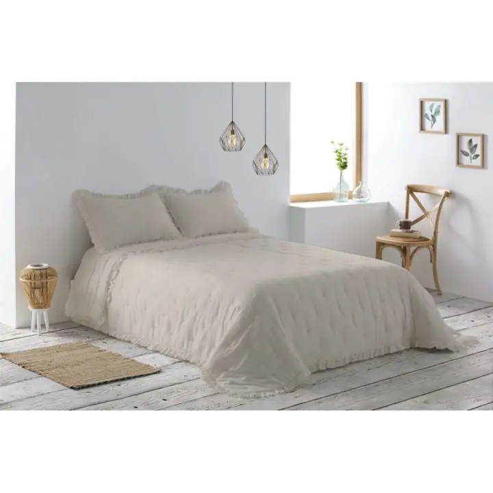 Colcha bouti capitoné de color beige para cama de 135 cm. - 1