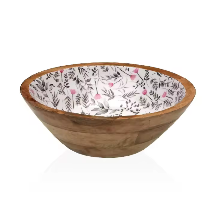 Ensaladera Avalon Mango Y Porcelana Blanca con Flores Rosas Evian , intage( 30dx10 cm) - 1