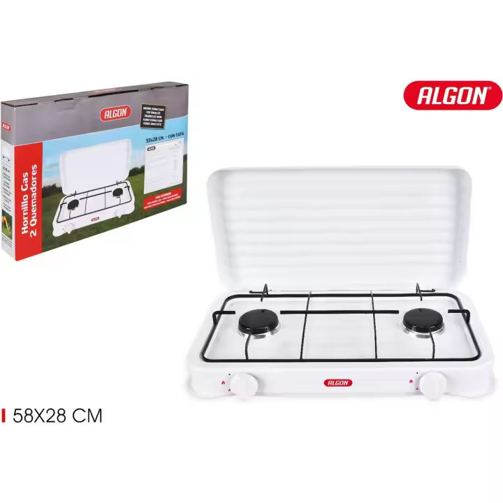 ALGON | Hornillo de Gas 2 Fuegos con Tapa – Hornillo Gas Cocina Portátil para Camping, Emergencias y Hogar - 1