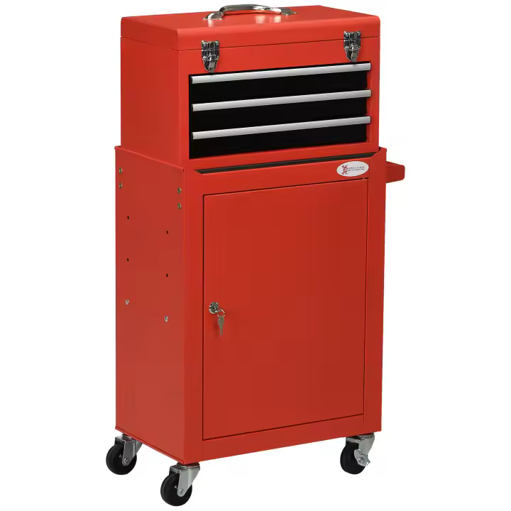 DURHAND Carro de taller 2 en 1 con maletín, carro de herramientas vacío, carro para almacenamiento de herramientas, caja de herramientas con cerradura y asa, acero, rojo - 1