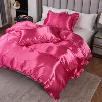Set De Edredón Satinado 3PCS Rosa Y Rosa Claro Seda Suave Con Volante Patrón De Lujo Colchón Funda De Edredón Moderno Para Cama - details 4