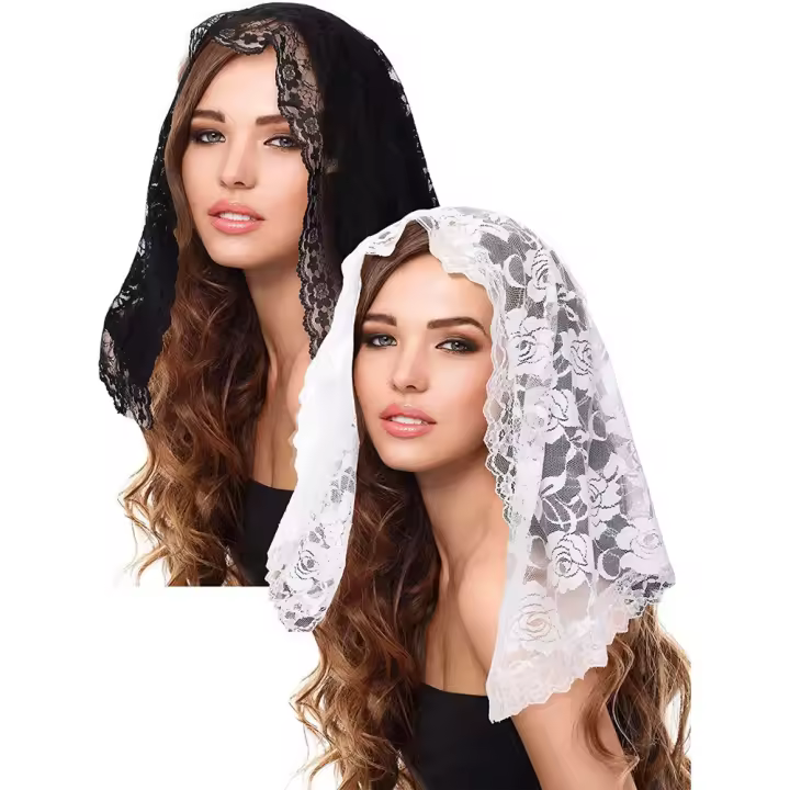 Velo de encaje Floral para mujer, velo de Mantilla latino, bufanda corta para novia, 2 piezas - 1