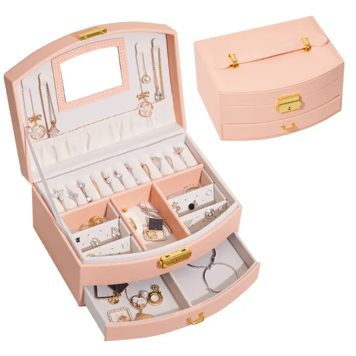 Joyero de cajón de doble capa de gran capacidad, organizador de joyas con cerradura con espejo, extraíble. para anillos, pulseras, pendientes, collar, regalo. - 1