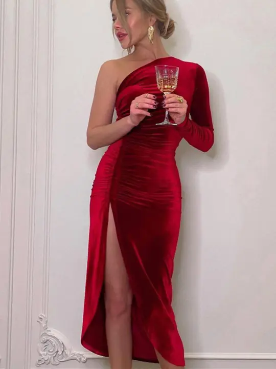 Vestido Bodycon De Veludo Elegante Para Mujer Con Abertura Lateral Manga Larga Para Fiesta Noche Primavera Otoño Vestido Midi Ajustado - 1