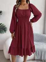 Vestido A-Line De Mujer Elegante Otoño Invierno Color Sólido Cuello Cuadrado Manga Larga Volantes Vestido Midi Casual Polyester Spandex - details 10