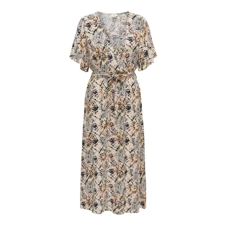 Jdygaya S/S Long Wrap Dress Wvn Exp Eggnog Aura Print - 1