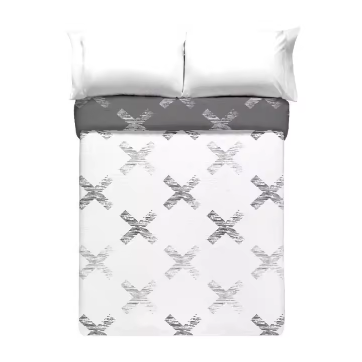 Manterol Outlet - Colcha bouti print reversible aspas color gris con fondo blanco con fundas de cojín. Cubrecama ideal para primavera, verano y entretiempo. Colcha fina, extra suave y ligera. - 1