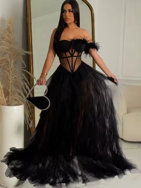Beyprern Vestido Maxi De Fiesta Elegante Con Volantes Y Plumas Chiffon Mesh Transparente Sin Mangas Corte Suelto Para Mujer - 1