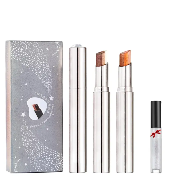 Sombra de ojos en barra Roseionly, resistente al agua, con degradado brillante, tres colores brillantes, sombra de ojos en barra, sombra de ojos en crema multicolor de larga duración para maquillaje de ojos en capas (02+04#) - 1