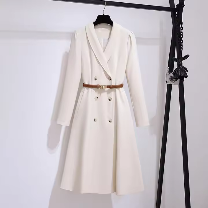 Vestido Elegante Para Mujer Con Doble Botón Y Cinturón Longitud Pierna Vestido Oscuro Blanco A-Line Estilo Oficina Moda Otoño 2025 - 1