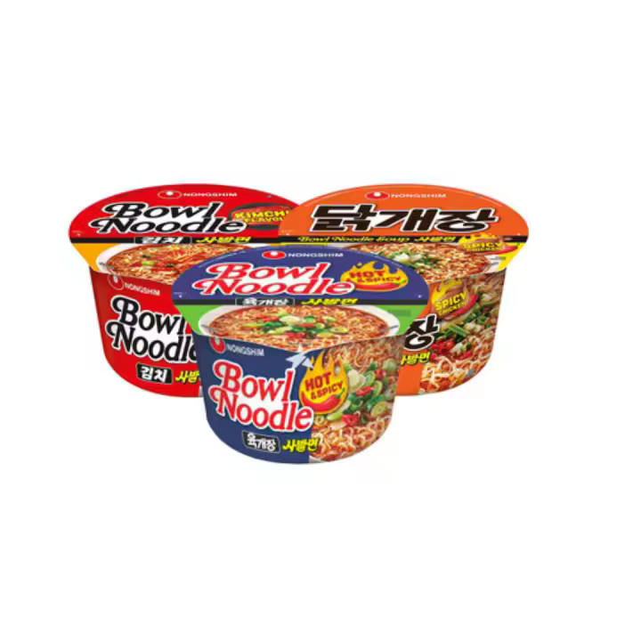 3 Pax de cada sabor , Fideos instantáneos sabor kimchi, pollo y picante  Nongshim 100g - 1