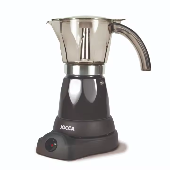Cafetera italiana Jocca con base eléctrica que permite girar la cafetera 360º, sistema que mantiene el café siempre caliente con protección contra el sobrecalentamiento, diseño compacto,  jarra transparente y con asa de toque frío. - 1