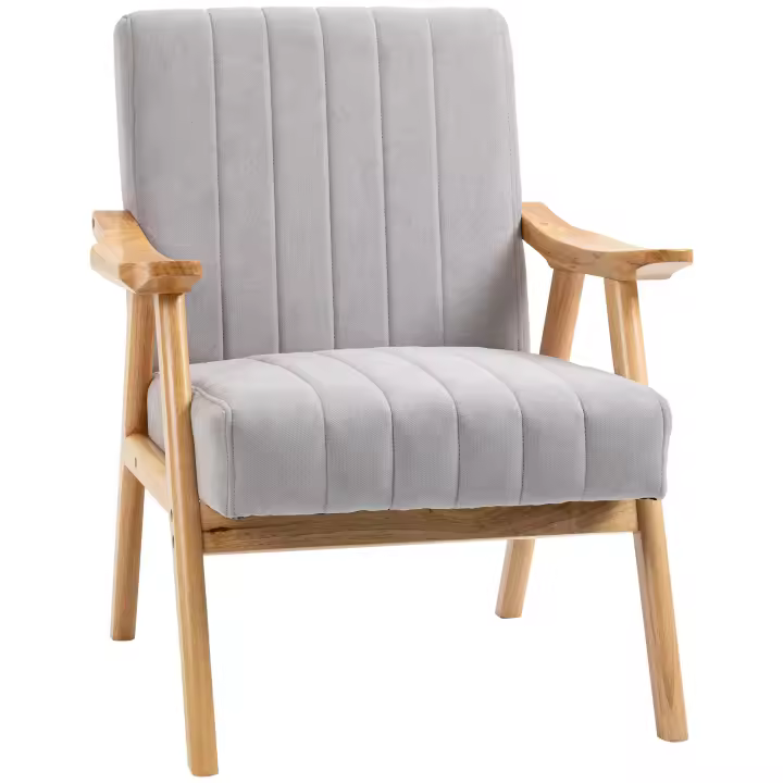 Silla tapizada HOMCOM con reposabrazos, sillón con aspecto de terciopelo, sillón relax con diseño escandinavo, sillón para salón, dormitorio, patas de madera de goma, gris claro, 68 x 74 x 82 cm - 1