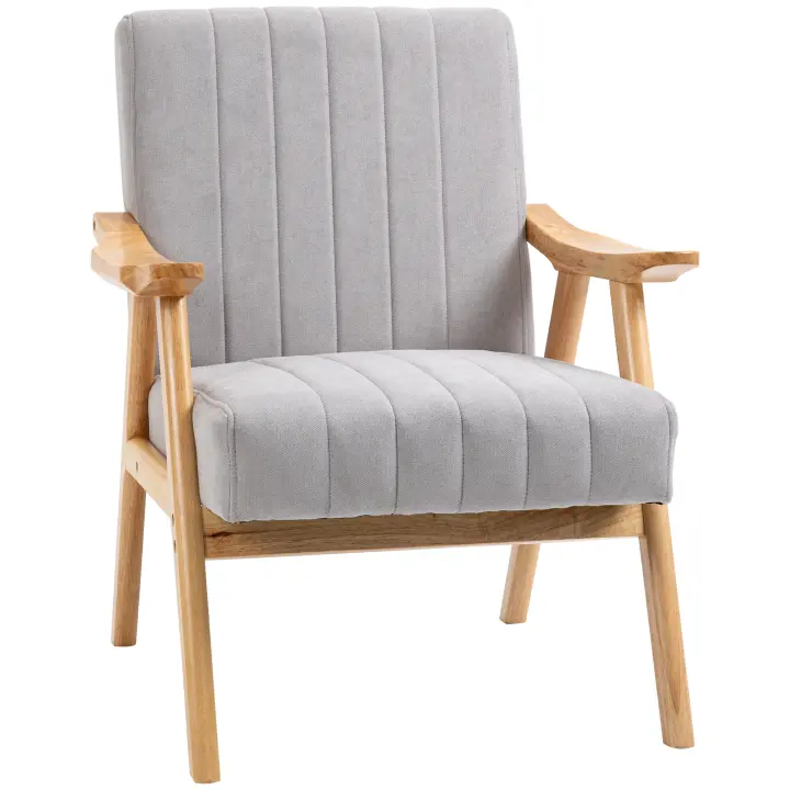Silla tapizada HOMCOM con reposabrazos, sillón con aspecto de terciopelo, sillón relax con diseño escandinavo, sillón para salón, dormitorio, patas de madera de goma, gris claro, 68 x 74 x 82 cm - 1