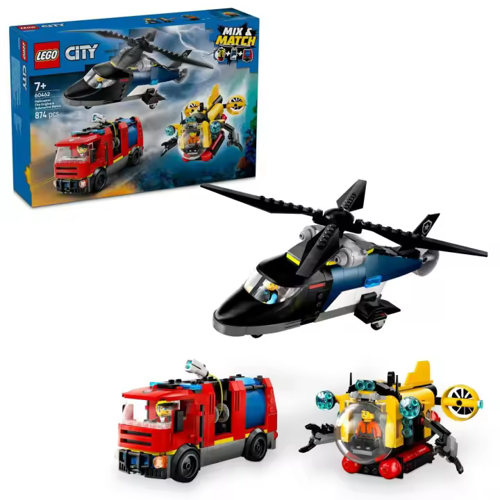 LEGO 60462 City 3 en 1 Remix, Helicóptero, Camión de Bomberos y Submarino de Juguete, Set de 3 Juguetes de Vehículos Modulares Combinables y Minifiguras, Regalo para Niños y Niñas de 7 Años o Más - 1
