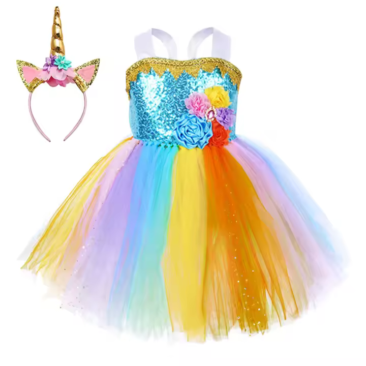 Nuevo vestido de verano, traje para niñas, falda con tirantes de flores, vestido de unicornio, vestido de princesa unicornio, vestido arcoíris - 1