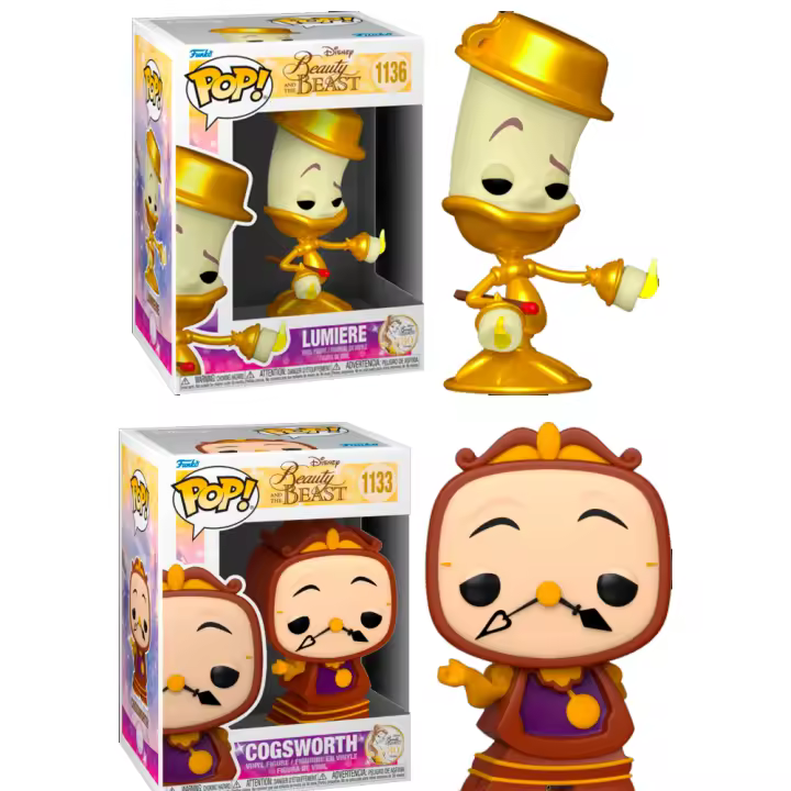 Funko PAck 2 Funkos Lumiere Cogsworth Ding Dong Din Don Bella y Bestia Belle Beast 1133 1136     Disney Funko Pop Vinyl - 1