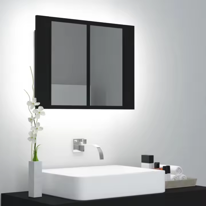 vidaXL Armario espejo de baño con luz LED acrílico 60x12x45 cm en color Negro/Gris hormigón/Madera antigua y más | almacenamiento funcional diseño moderno para baño dormitorio sala - 1