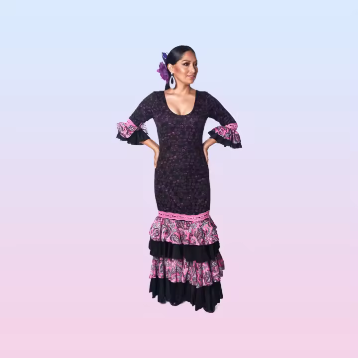 Vestido flamenco de mujer con manga 3/4, 4 volantes con estampado cachemir - 1