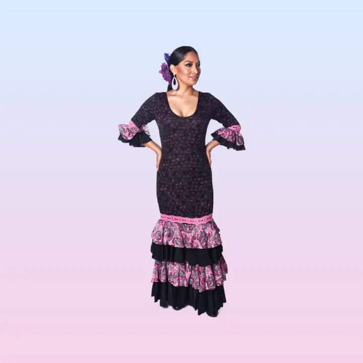 Vestido flamenco de mujer con manga 3/4, 4 volantes con estampado cachemir - 1