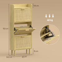 HOMCOM Zapatero Estrecho con 3 Cajones Abatibles, Zapatero de Recibidor Entrada con Estante Abierto, Patas de Madera, para 12-18 Pares de Zapatos, 65x24,5x153 cm, Roble - details 2