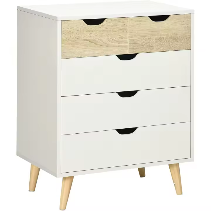Cómoda con 5 Cajones Cajonera de Armario con Patas Elevadas para Dormitorio Salón Estudio Estilo Moderno Antivuelco 60x40x77,5 cm Natural y Blanco - 1