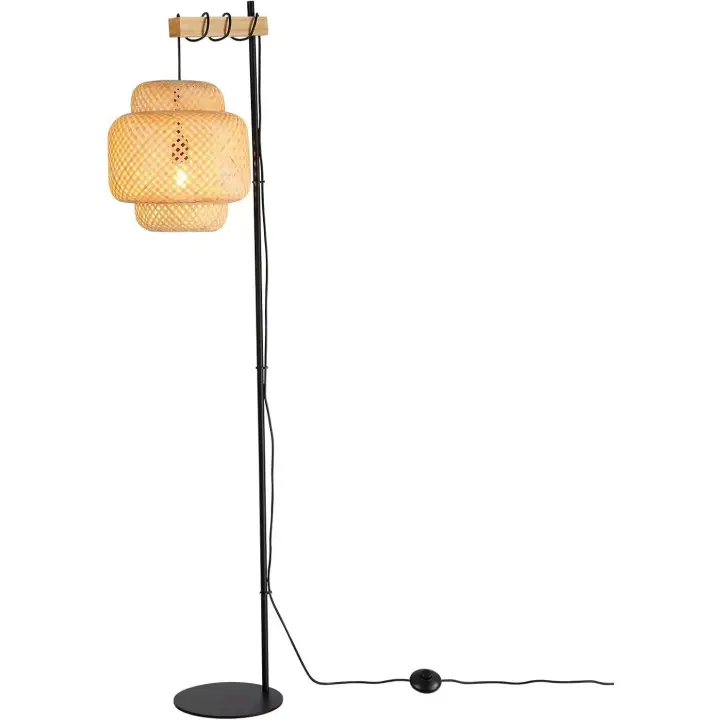 ALPINALUZ  Lámpara de Pie "ANJA" de Madera y Mimbre con Pantalla de Bambú, Interruptor de Pie y Diseño Moderno para Sala o Cocina - 1