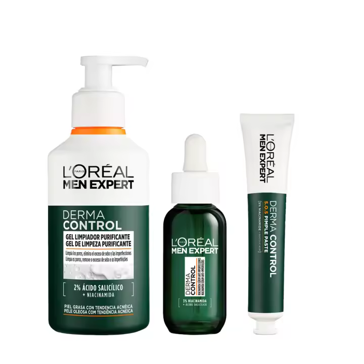 L'ORÉAL Paris | Rutina Men Expert Derma Control Gel Limpiador Purificante con Ácido Salicílico y Niacinamida Para Pieles Grasas con Tendencia Acnéica. +  Derma Control S.O.S Pimple Paste Solución Anti-impefecciones + Sérum Anti-Imperfecciones - 1