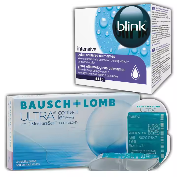 ULTRA Lentes de Contacto Mensuales – 6 Unidades + Blink Intensive Gotas Oculares 20x0,4 ml | Hidratación 16h | MoistureSeal | Alta Permeabilidad | Confort Prolongado | Viales Monodosis Sin Conservantes | Alivio Suave y Efectivo - 1