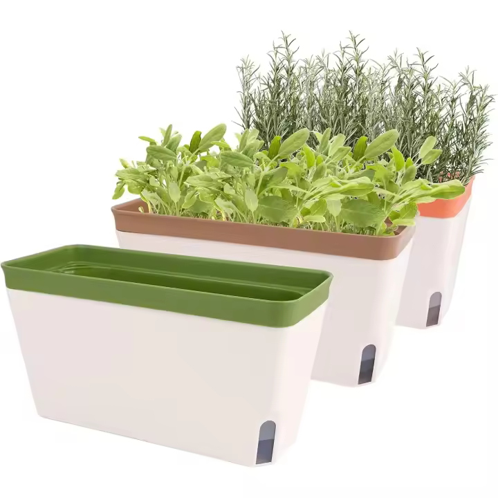 Macetas autorriego, juego de 3, jardineras rectangulares de 26 cm para alféizar de ventana, modernas macetas de plástico para jardín al aire libre. - 1