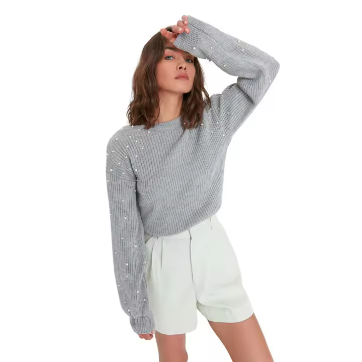Trendyol Brown Pearl Detailed Crew Neck Knitwear Sweater Twoaw22Kz1493 - 1