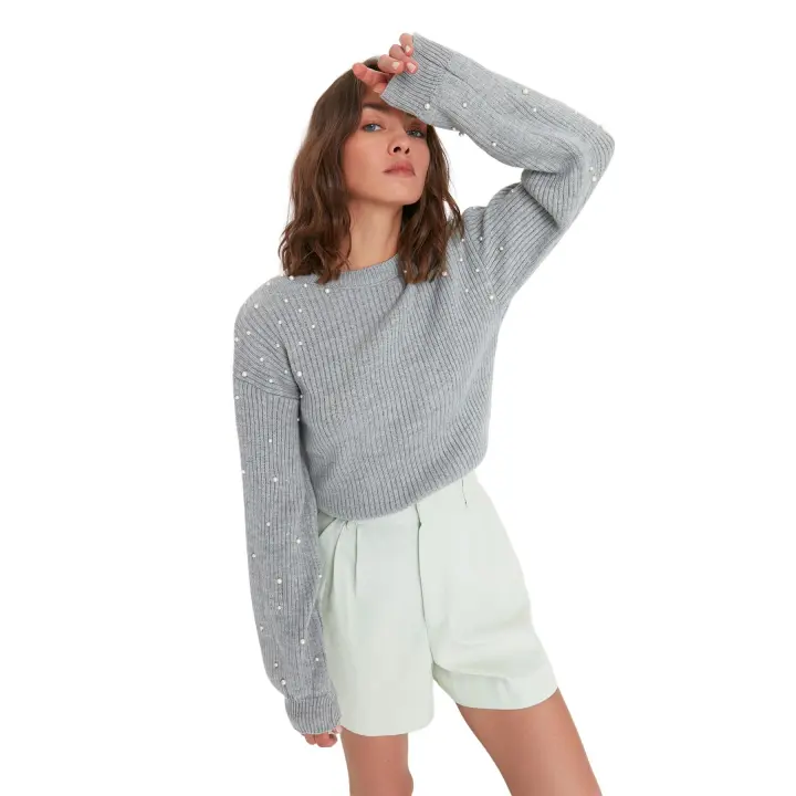 Trendyol Brown Pearl Detailed Crew Neck Knitwear Sweater Twoaw22Kz1493 - 1