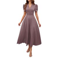 Vestido Elegante De Fiesta Para Mujer Cintura Alta A-Line De Color Sólido Con Manga Corta Estilo Francés Vestido De Cintura Cinchada Temperamento - details 3