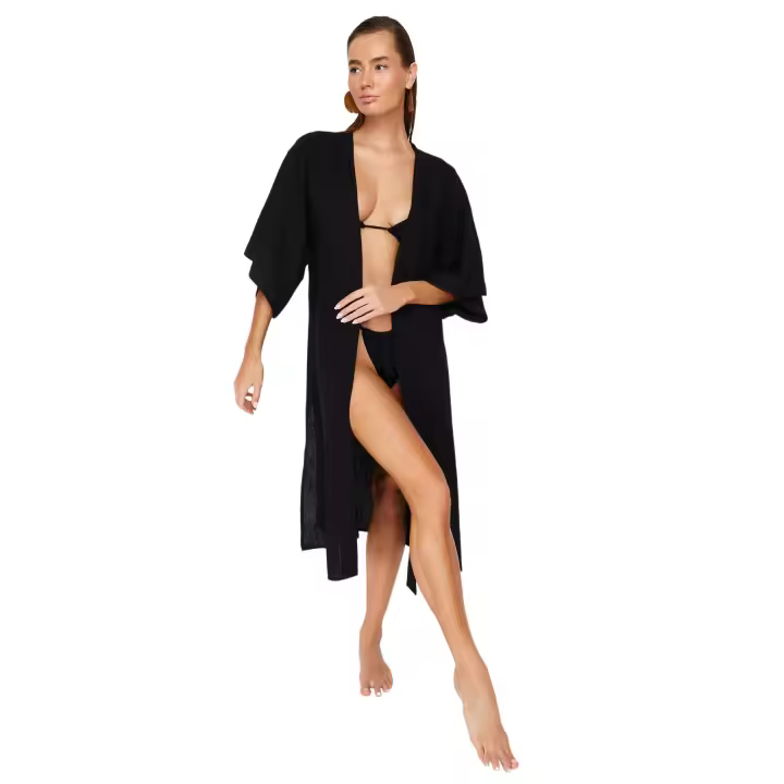 Trendyol Black Belted Maxi Woven Linen Look Beach Kimono&Caftan Tbess23Km00058 - 1