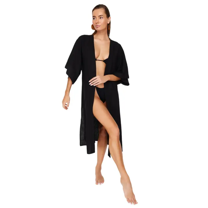 Trendyol Black Belted Maxi Woven Linen Look Beach Kimono&Caftan Tbess23Km00058 - 1