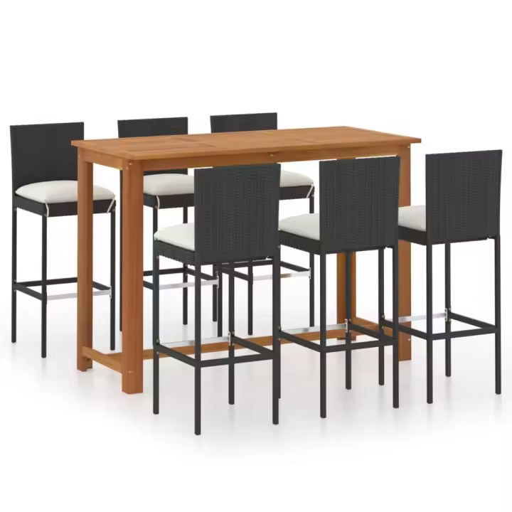 vidaXL Conjunto de bar para jardín 7 piezas con cojines negro - 1