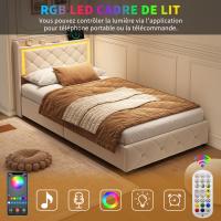 Cama individual 90x200 cm beige con almacenamiento abatible, cabecero acolchado LED y carga - details 1