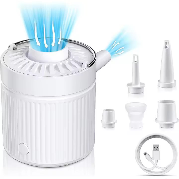 Portable Air Pump with 1600mAH Battery USB Rechargeable with Camping Light 5 Nozzles Air Pump-Quick Inflate Deflate for Air Mattress, Pool Toys, Floats, Air Bed, Swimming Ring, Vacuum Storage Bags - 1