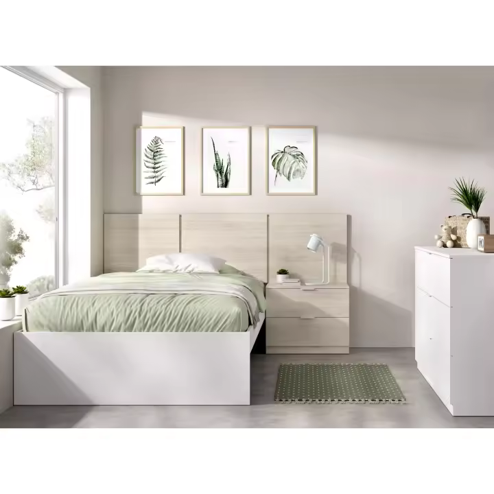 DEKIT GRUPO RIMOBEL BITO PACK - CONJUNTO DE CABEZAL CON MESITA DE 2 CAJONES, ARO DE CAMA 90X190 Y COMODA DE 3 CAJONES - BLANCO / NATURAL - 1