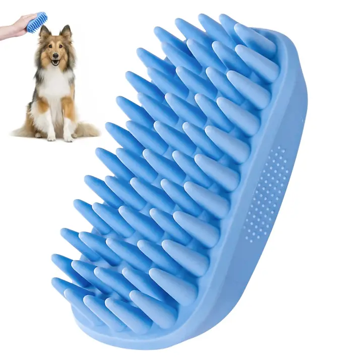 Cepillo de baño para perros, suministros de baño para perros, cepillo de champú de silicona para perros y gatos de pelo largo y corto, cepillo para lavar y asear mascotas (azul) - 1