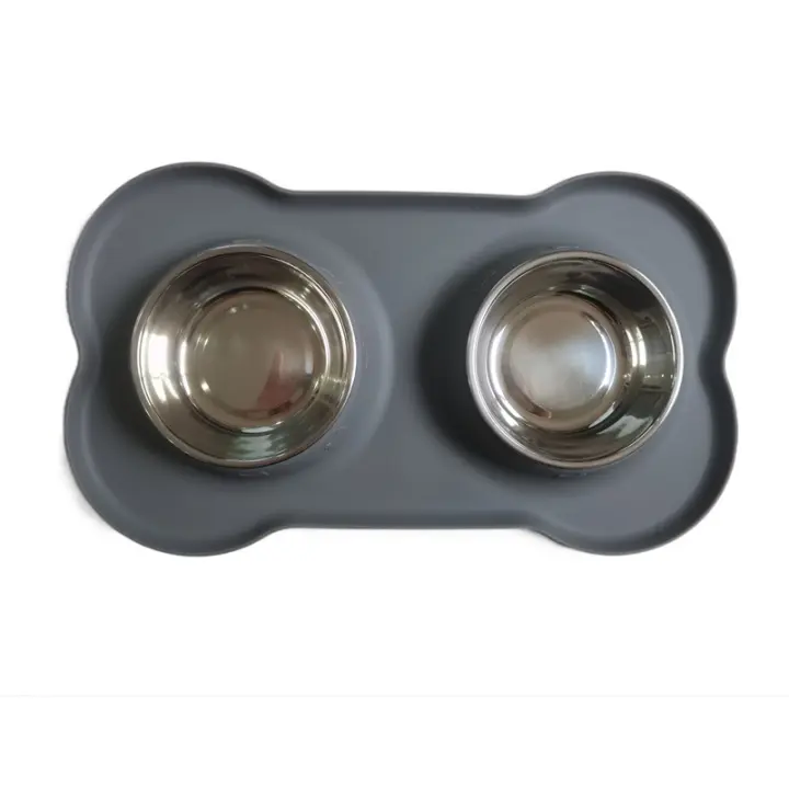 Juego de cuencos dobles antideslizantes de acero inoxidable para perros con alfombrillas de silicona antiderrames para gatos y cachorros (36 x 21 cm) - 1