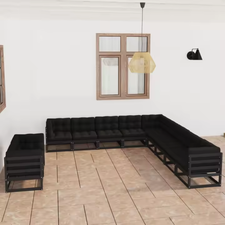 vidaXL Set de muebles de jardín 11 pzas con cojines madera pino negro - 1