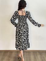 Vestido Midi De Mujer Casual Primavera Otoño Largo Manga Cuello Abierto Floral Impresión A-Line Vestido De Chiffón Con Cintura Elástica Y Cremallera En La Cintura - details 7