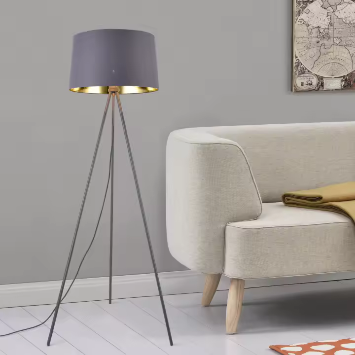 Lámpara de pie Manchester - Metal Tela - 150 x Ø 45 cm - Gris y Dorado - 1 x E27 - 60W [lux.pro] - 1